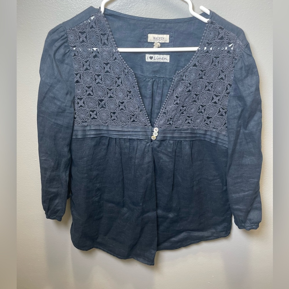 Malvin Women's Navy Linen Crochet Smocked 3/4 Sleeve‎ Blouse Top Size XS